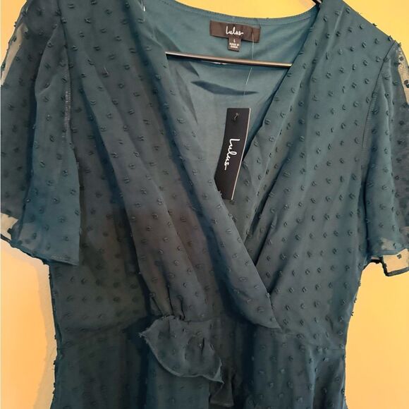 Lulu's Green Asymmetrical Ruffled Wrap Dress - Picture 3 of 9